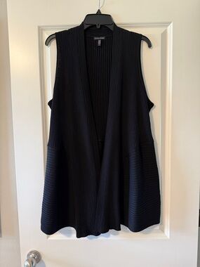 Eileen Fisher Black Ribbed Open-Front Sleeveless Cardigan